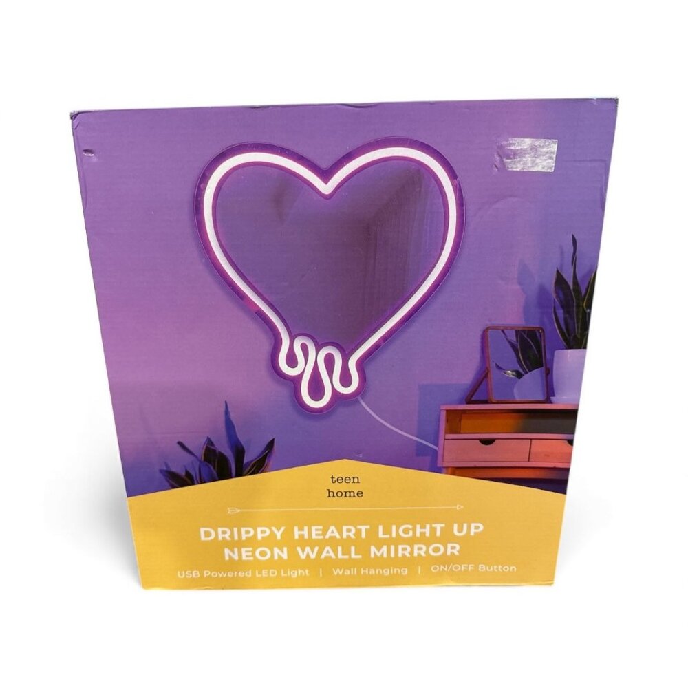Drippy Heart Light Up Neon Wall Mirror With USB Powered LED Light & Wall Hanging